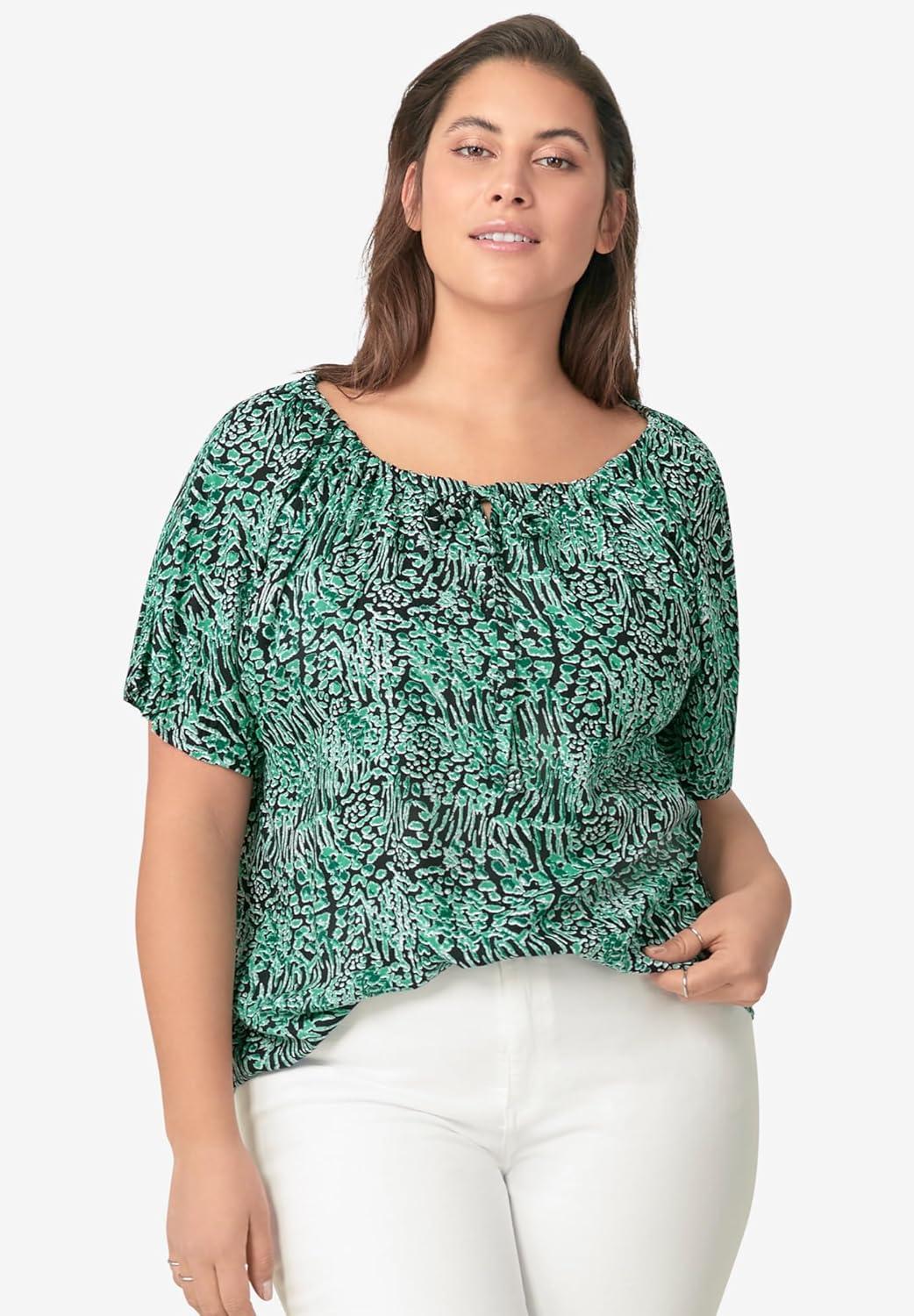 image:imageEllos Plus Size Keyhole Peasant BlouseBlack Ivory Print