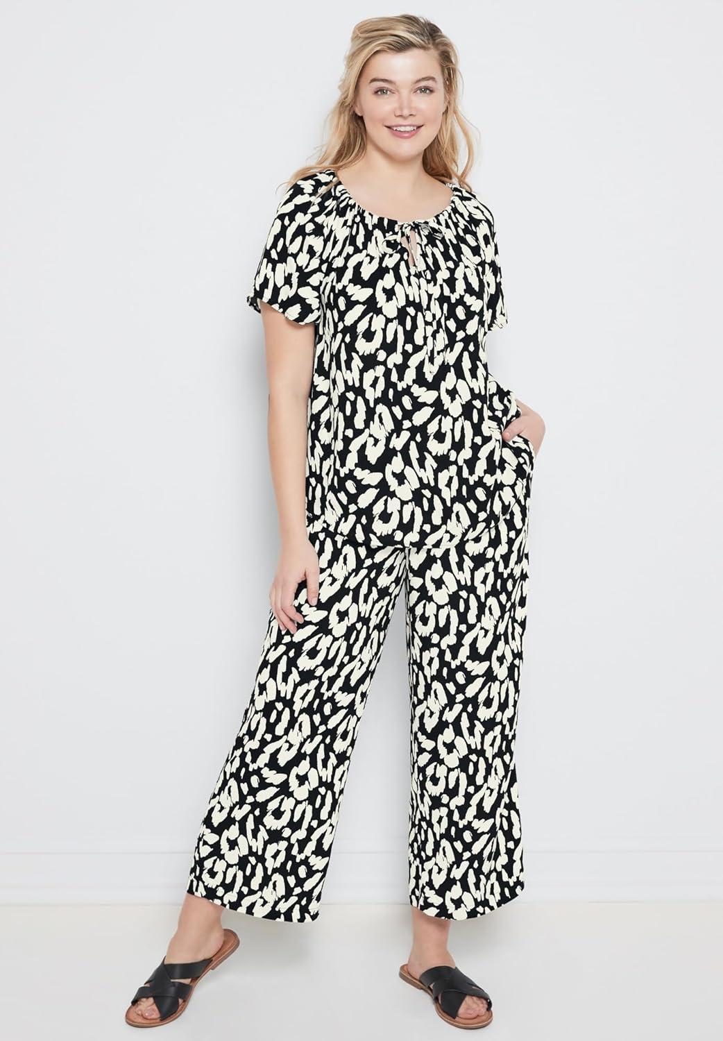 image:imageEllos Plus Size Keyhole Peasant BlouseBlack Pink Print