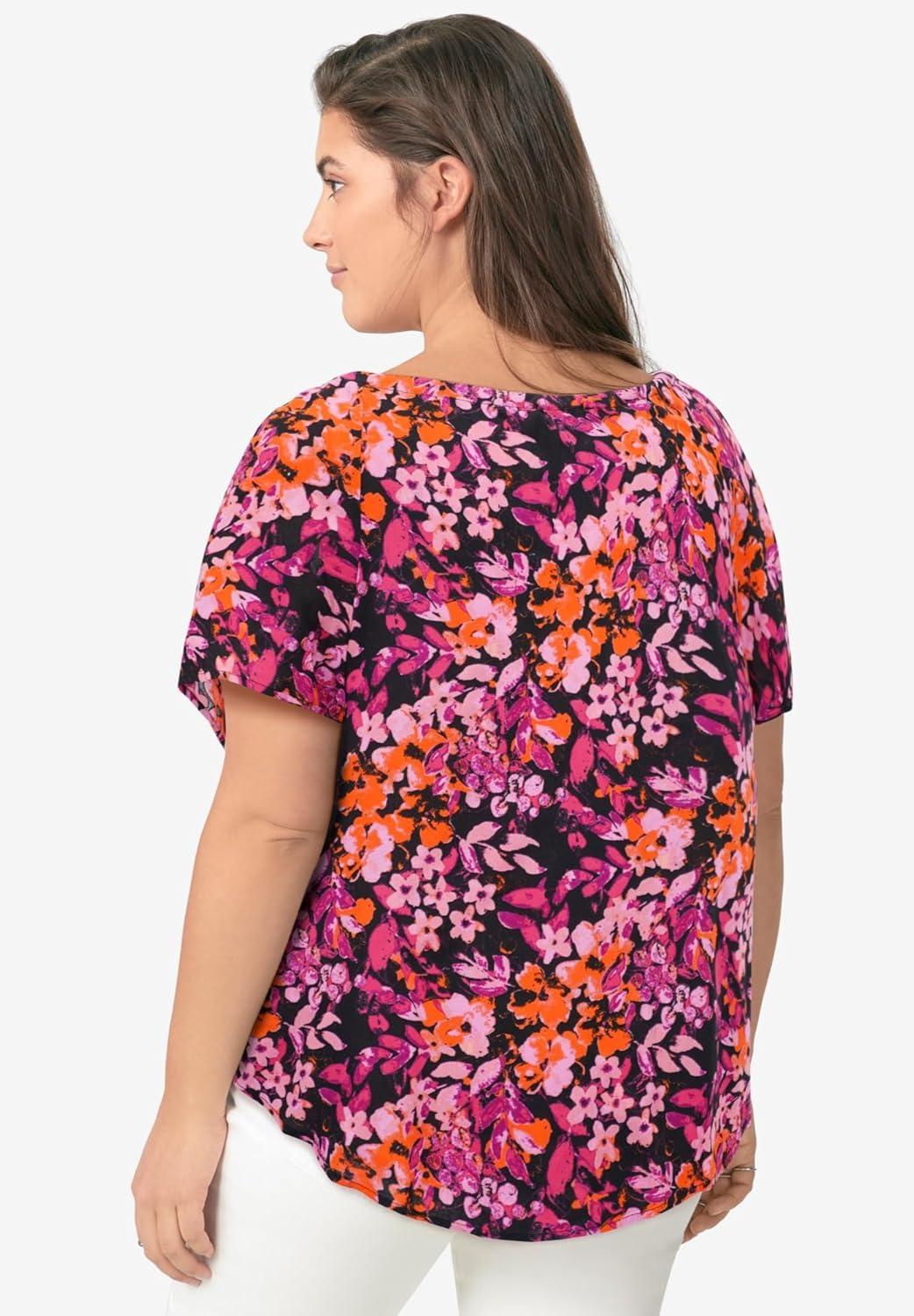 image:imageEllos Plus Size Keyhole Peasant BlouseBlack Pink Print