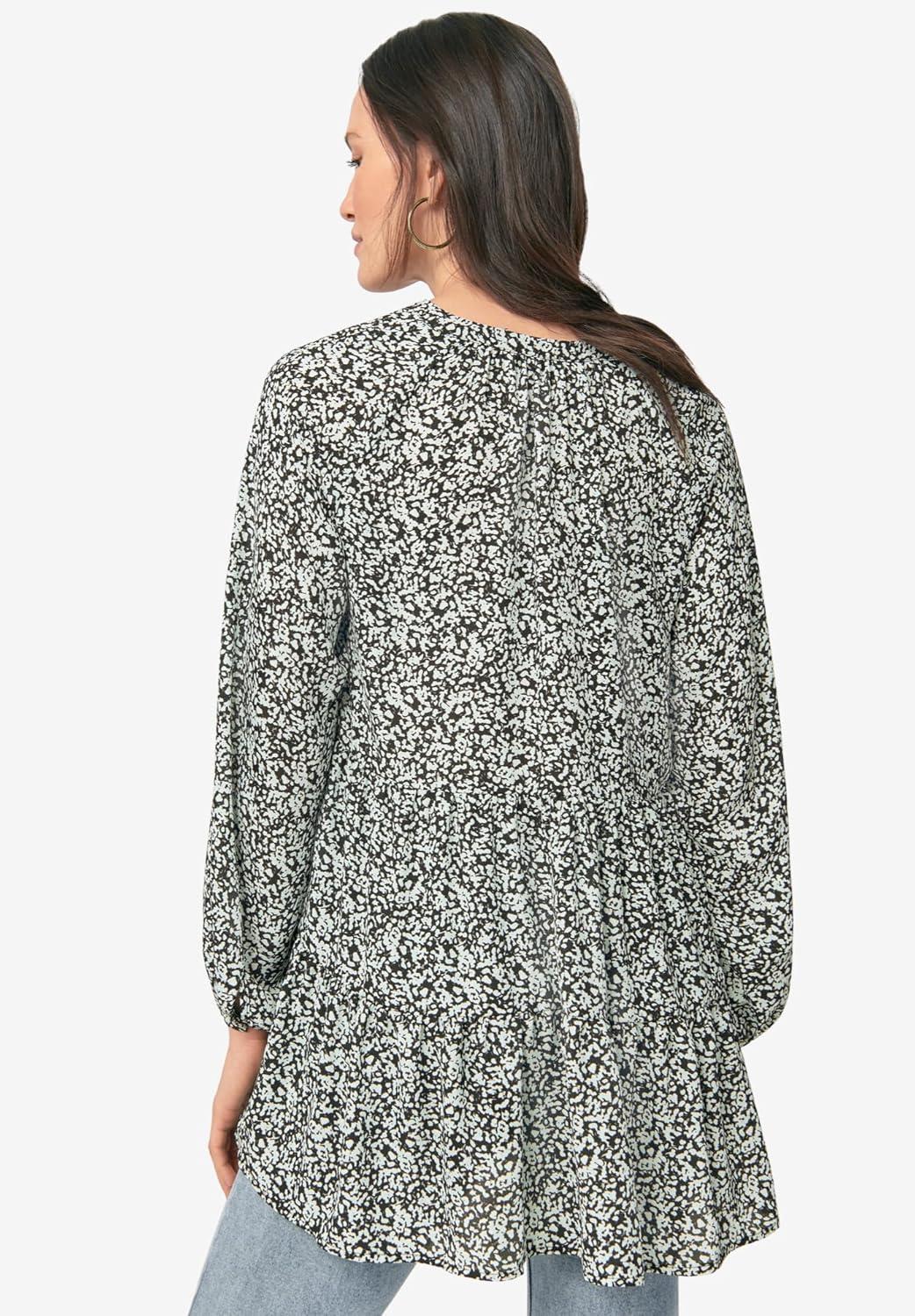 image:imageEllos Plus Size Tiered Tunic With Notch VNeckBlack Cloud Blue Print