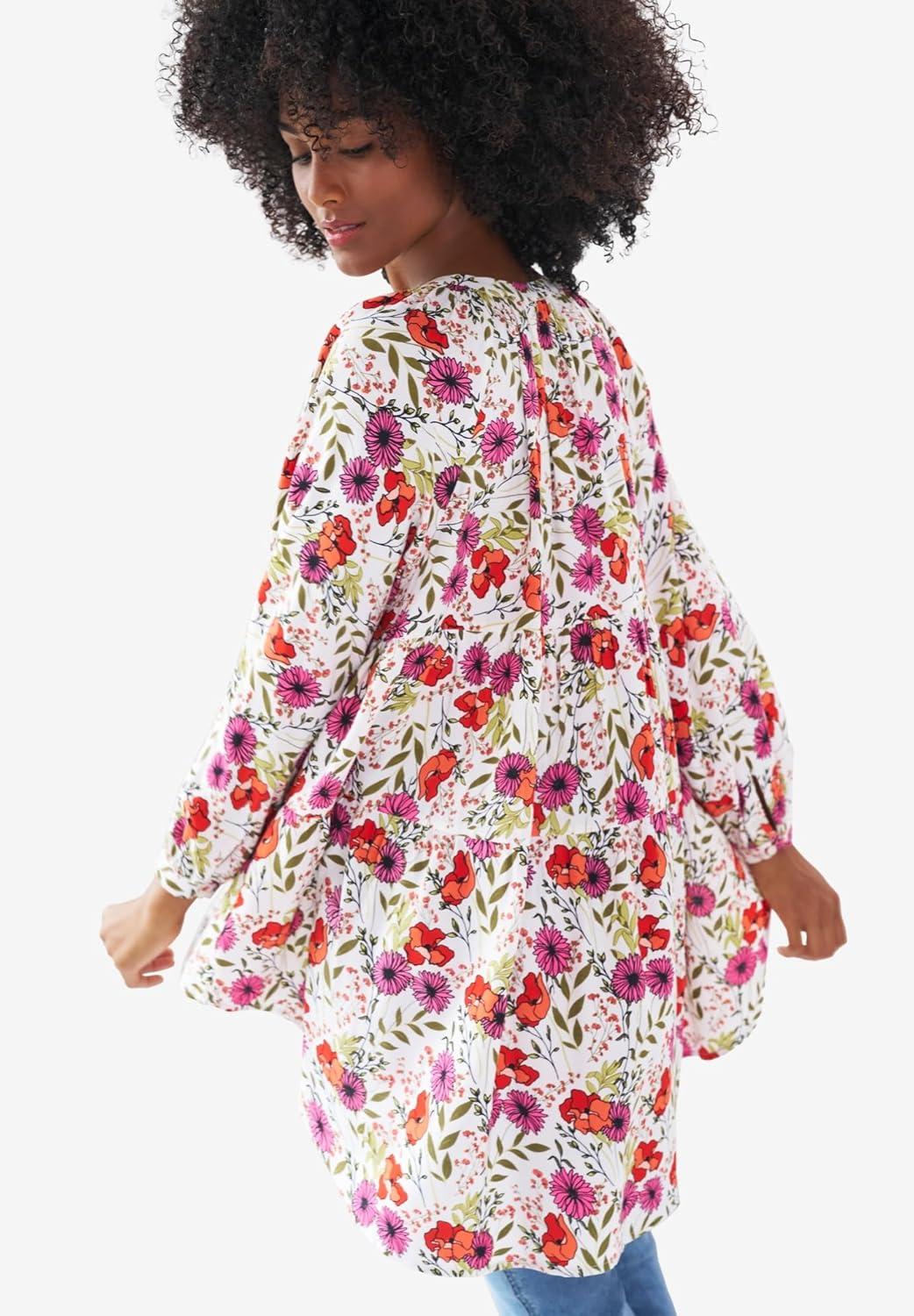 image:imageEllos Plus Size Tiered Tunic With Notch VNeckWhite Multi Floral