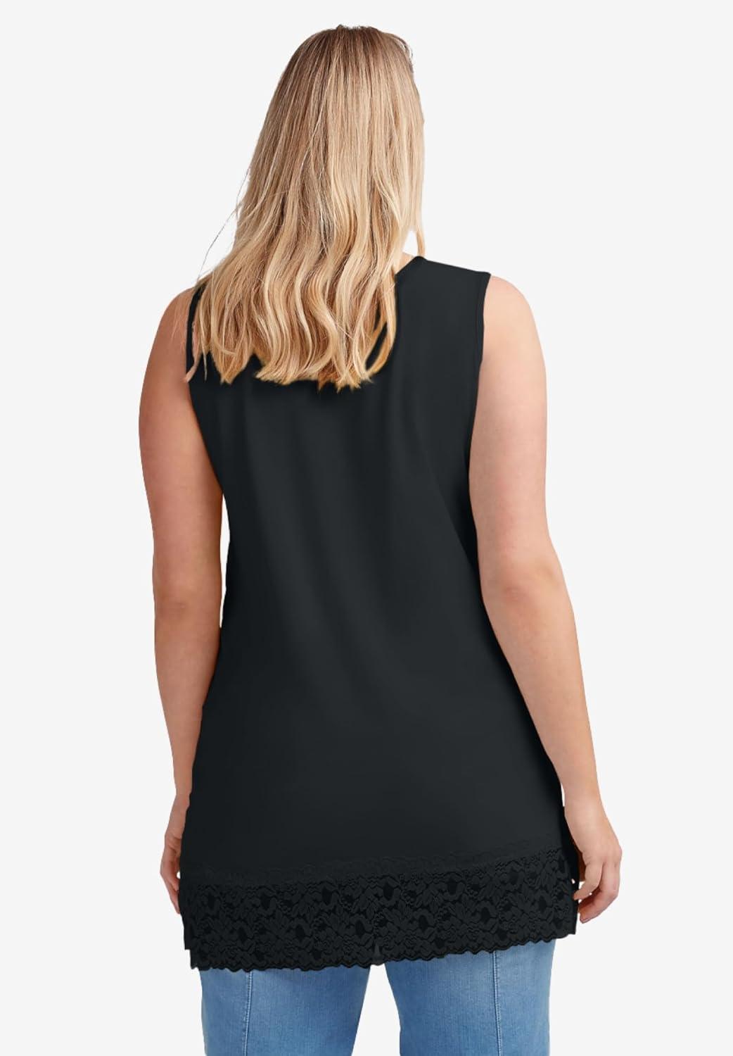 image:imageellos Plus Size Cotton Spandex Lace Trimmed Scoop Neck Sleeveless TunicBlack