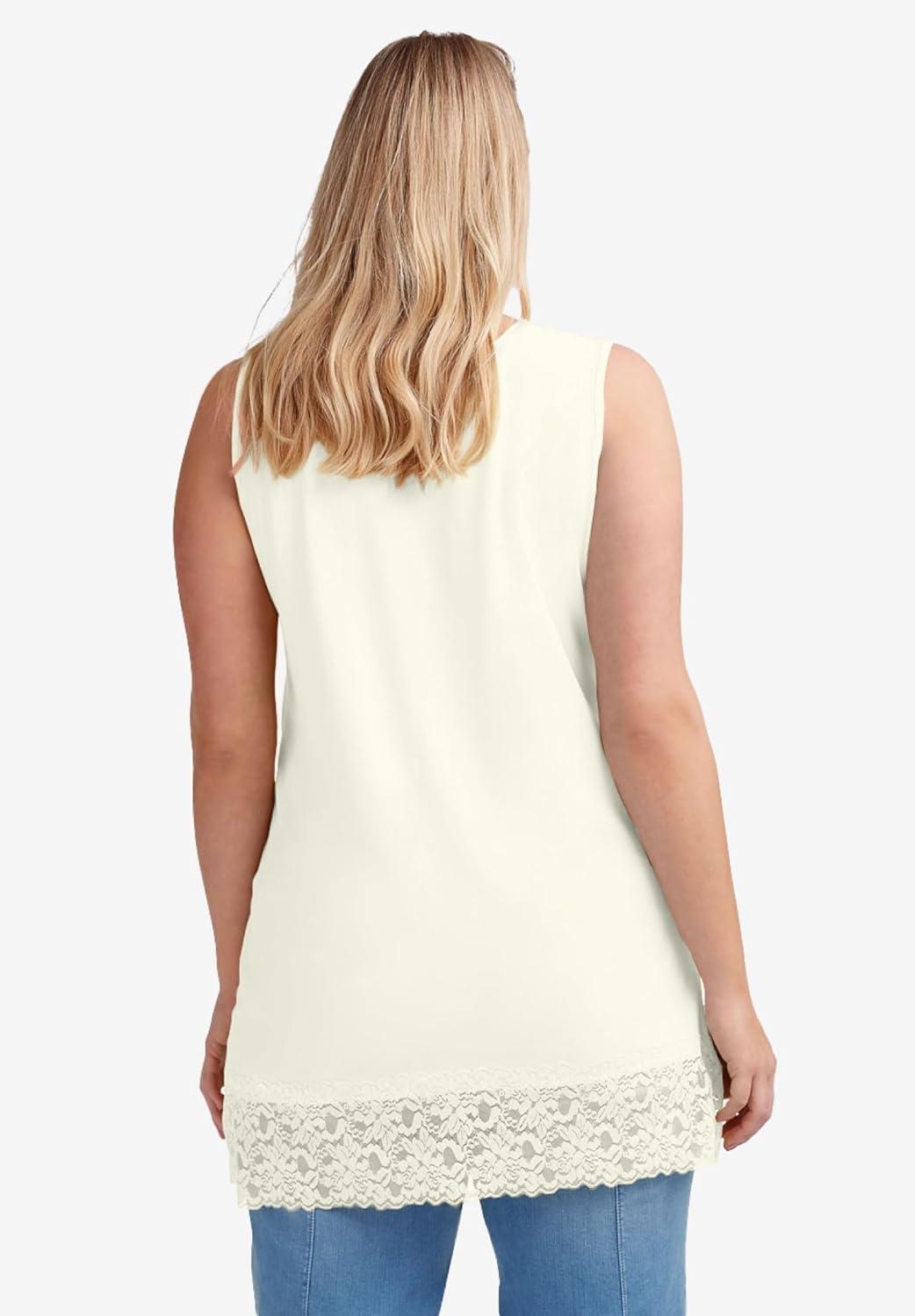 image:imageellos Plus Size Cotton Spandex Lace Trimmed Scoop Neck Sleeveless TunicIvory