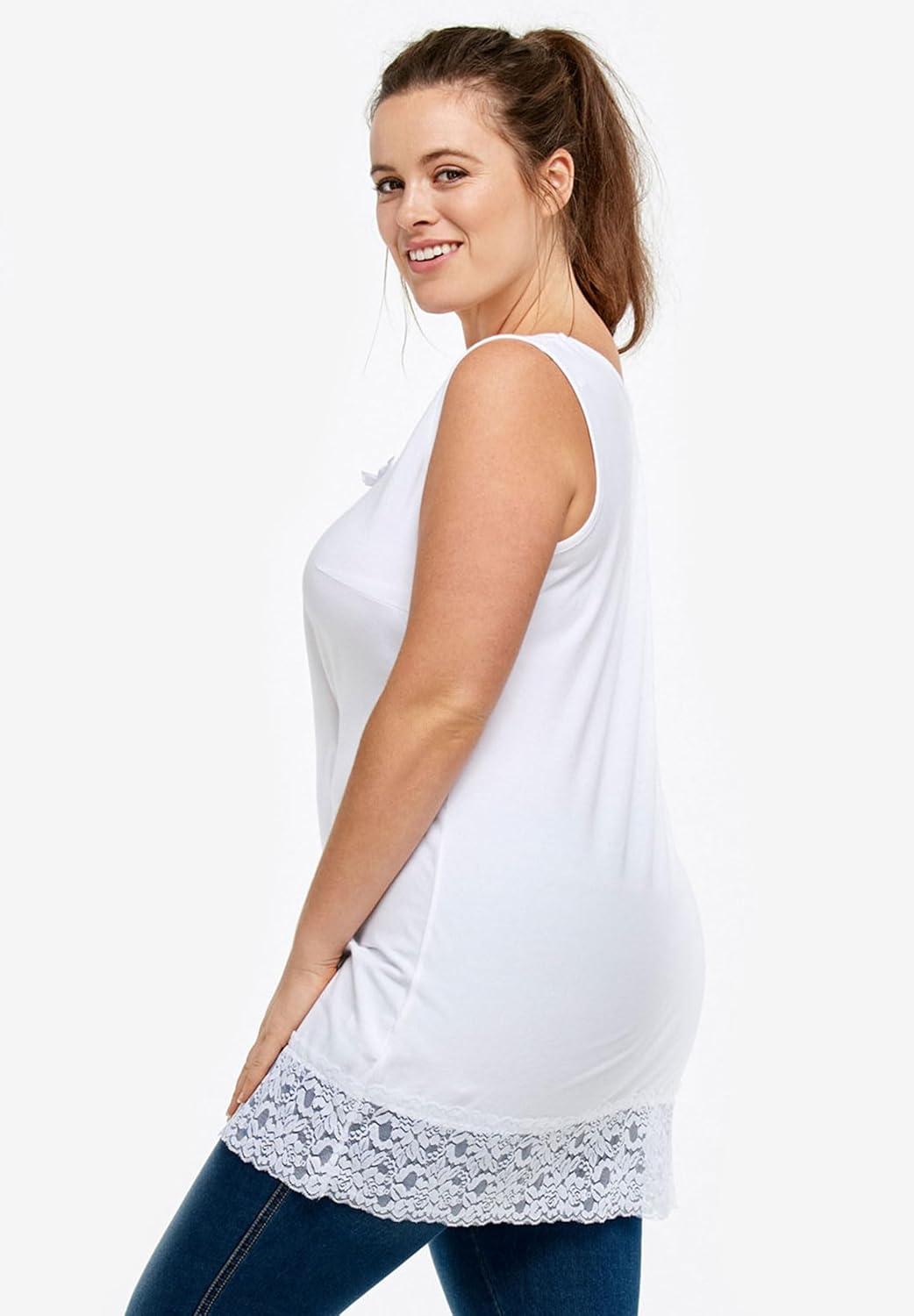 image:imageellos Plus Size Cotton Spandex Lace Trimmed Scoop Neck Sleeveless TunicWhite