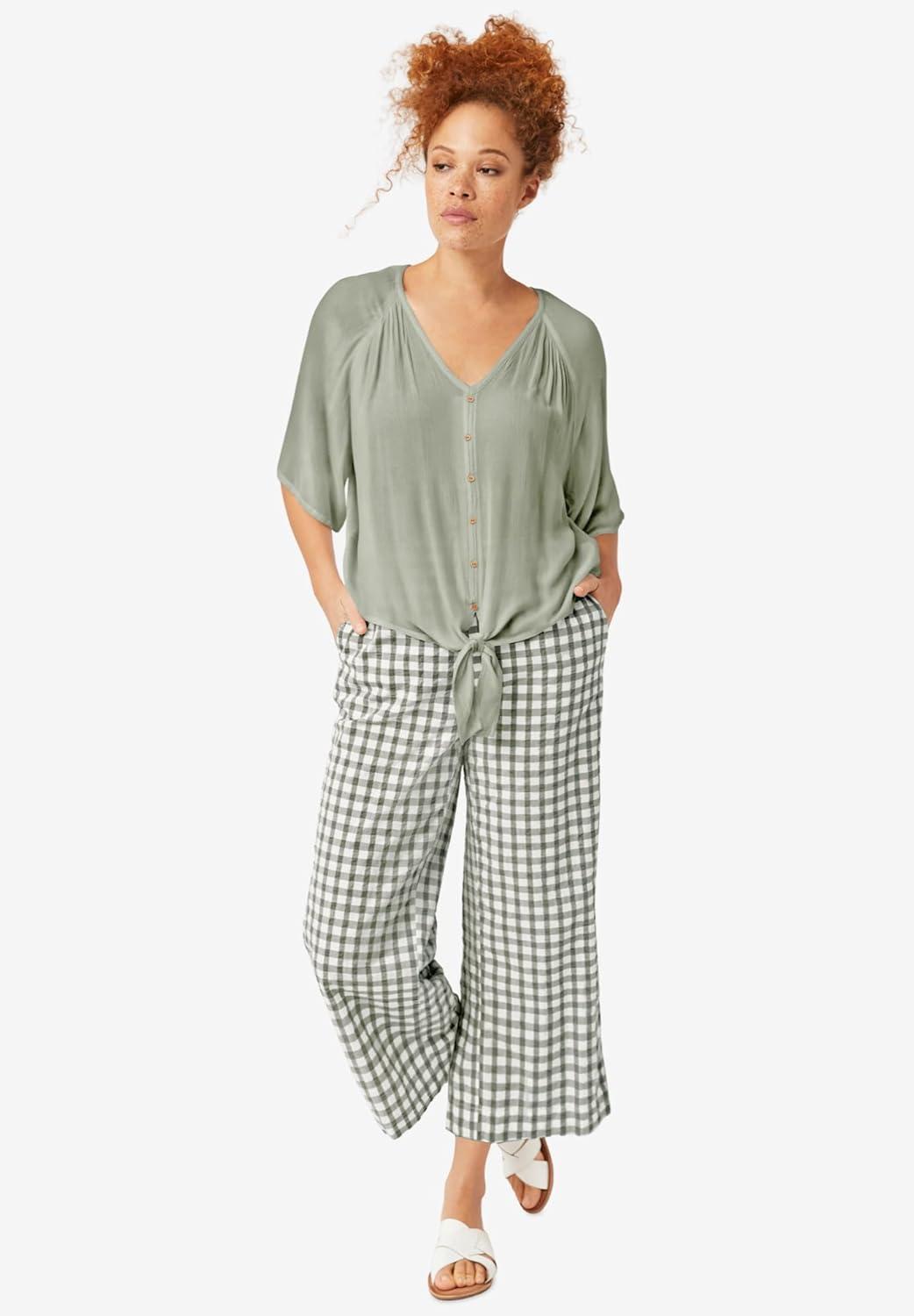 image:imageellos Plus Size Crinkle TieFront BlouseDesert Green