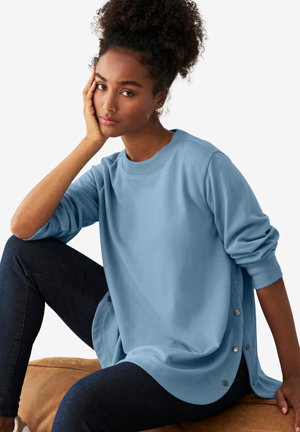 image:imageellos Plus Size Curved Hem Sweatshirt Tunic With Side SnapsBlue Lake