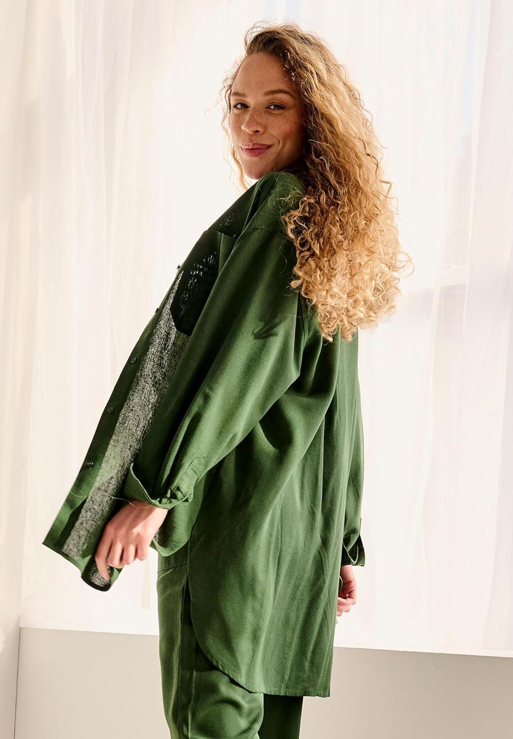 image:imageellos Plus Size Oversized LinenBlend Boyfriend ShirtMidnight Green