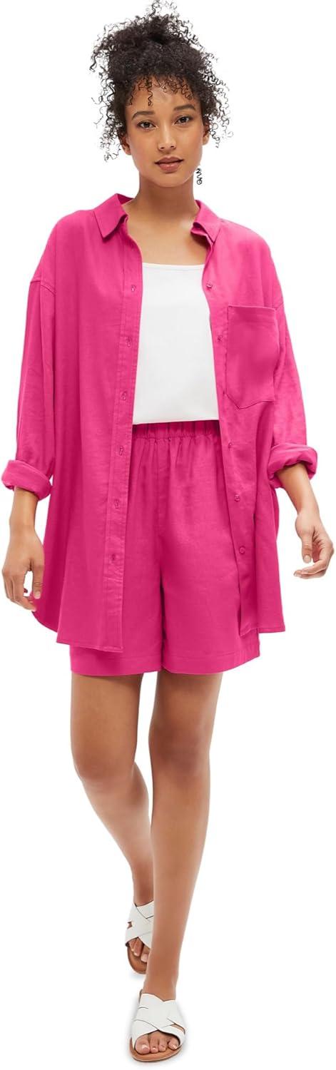 image:imageellos Plus Size Oversized LinenBlend Boyfriend ShirtMidnight Green
