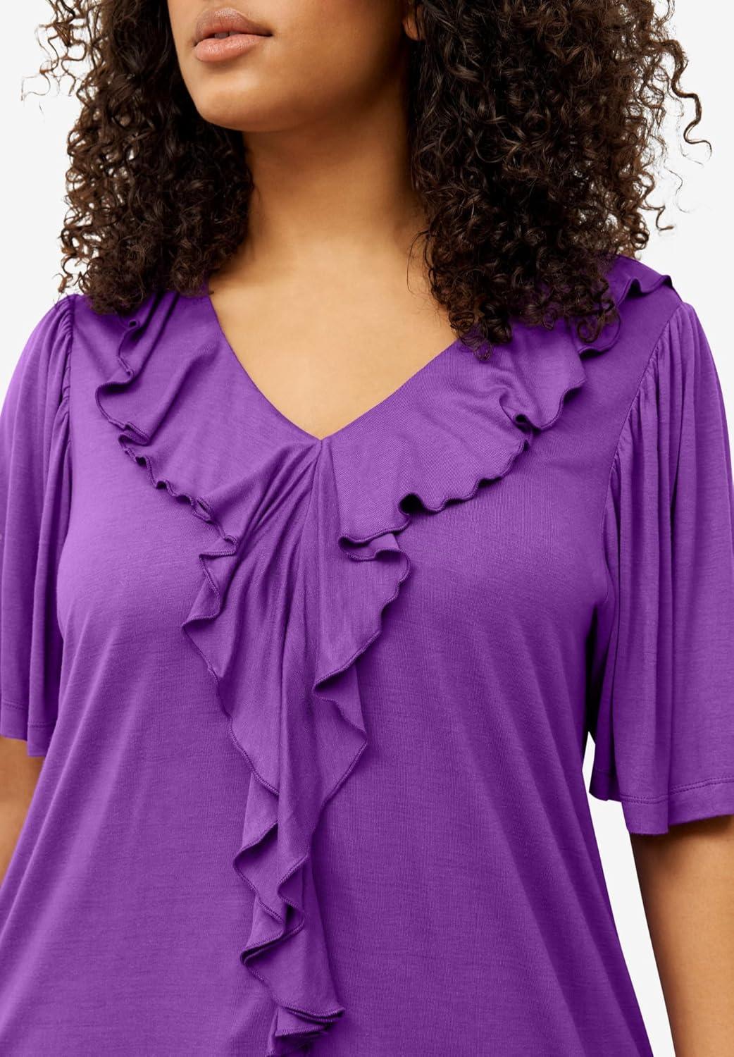 image:imageellos Plus Size Stretch Knit VNeck Ruffle Front TunicDeep Amethyst