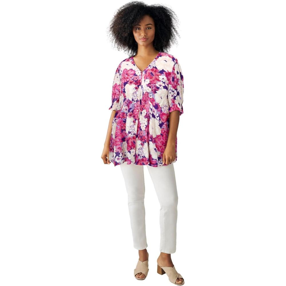 image:imageEllos Plus Size Button Front Crinkle TunicRaspberry Sorbet Floral