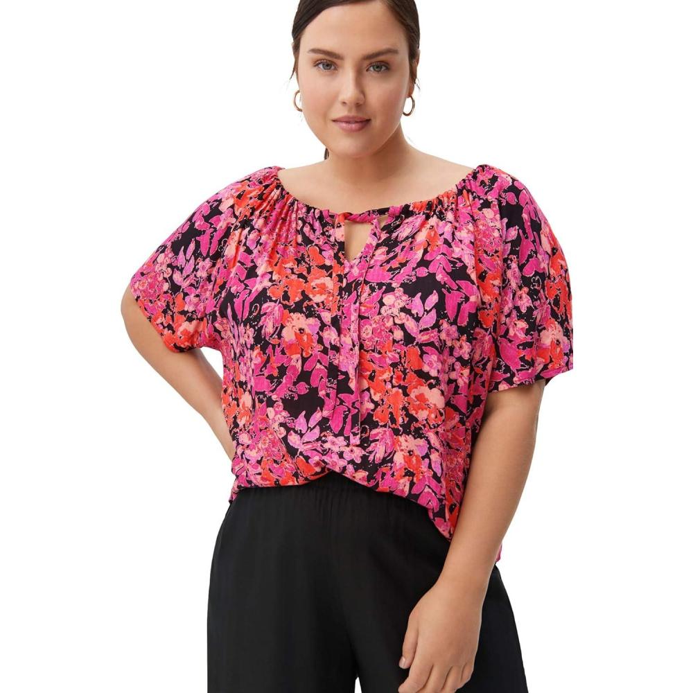image:imageEllos Plus Size Keyhole Peasant BlouseBlack Pink Print