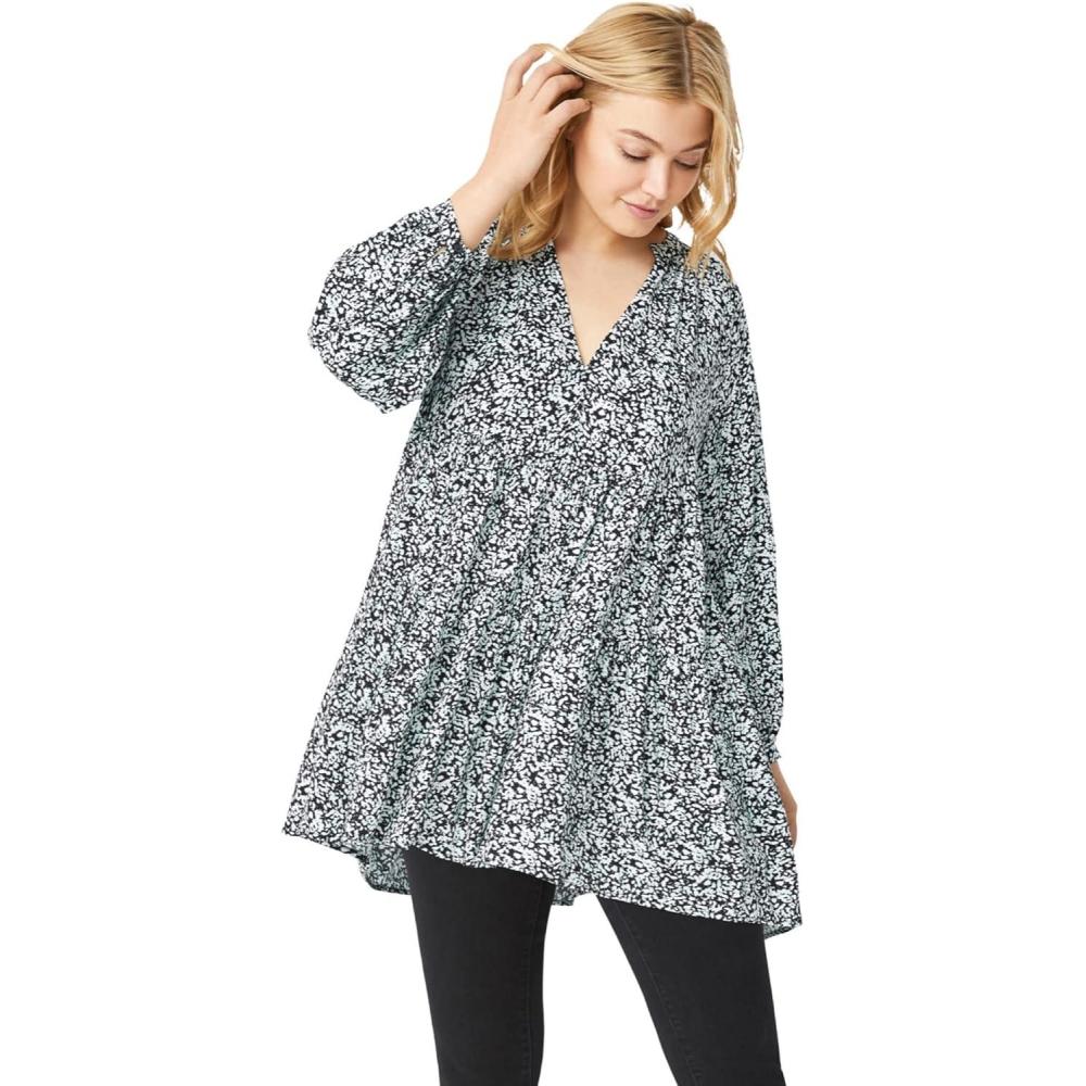 image:imageEllos Plus Size Tiered Tunic With Notch VNeckBlack Cloud Blue Print