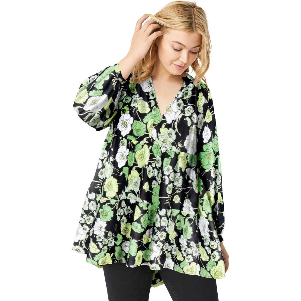 image:imageEllos Plus Size Tiered Tunic With Notch VNeckBlack Green Floral