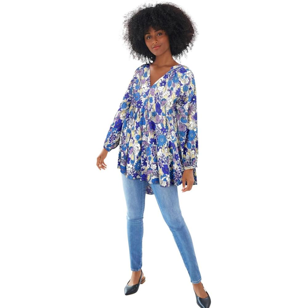 image:imageEllos Plus Size Tiered Tunic With Notch VNeckPale Periwinkle Floral