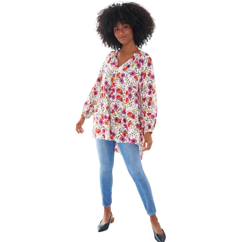 image:imageEllos Plus Size Tiered Tunic With Notch VNeckWhite Multi Floral