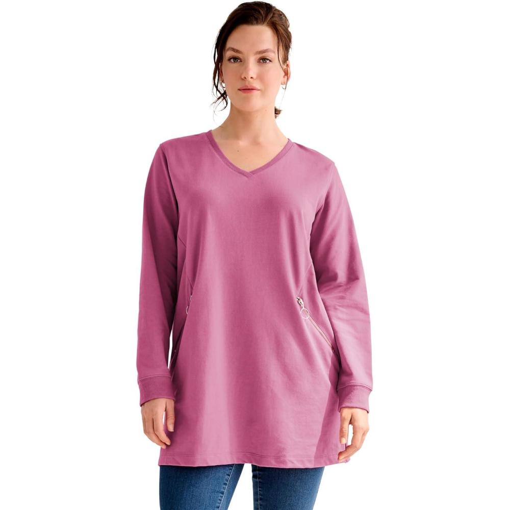 image:imageEllos Plus Size Zip Pocket French Terry Sweatshirt TunicCherry Glow