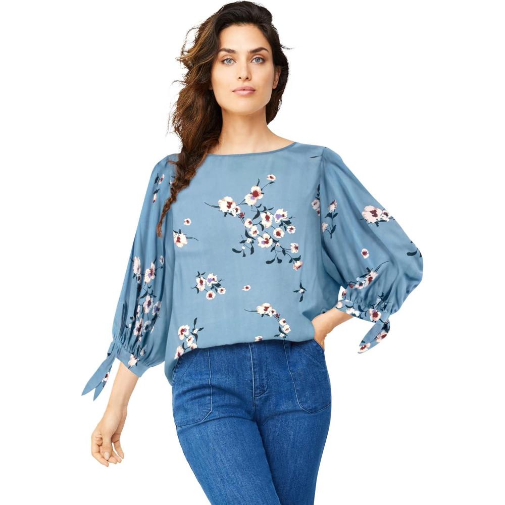 image:imageellos Plus Size 34 TieSleeve BlouseBlue Lake Floral