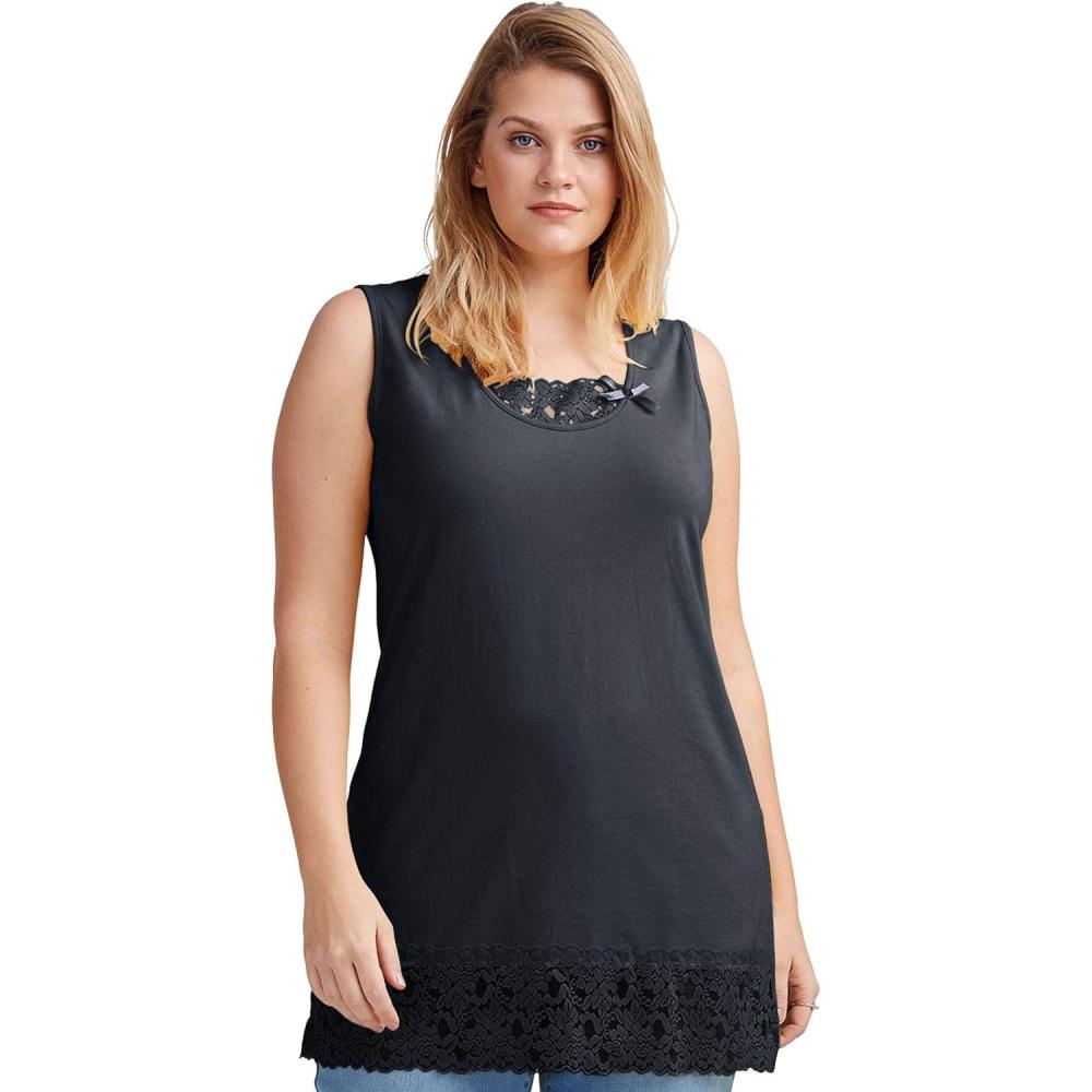 image:imageellos Plus Size Cotton Spandex Lace Trimmed Scoop Neck Sleeveless TunicBlack