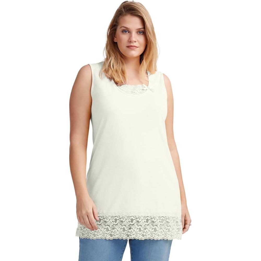 image:imageellos Plus Size Cotton Spandex Lace Trimmed Scoop Neck Sleeveless TunicIvory