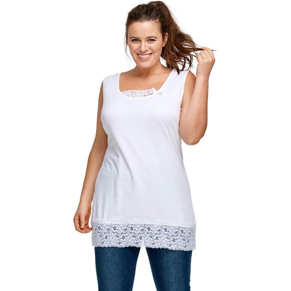 image:imageellos Plus Size Cotton Spandex Lace Trimmed Scoop Neck Sleeveless TunicWhite