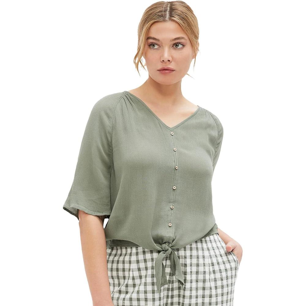 image:imageellos Plus Size Crinkle TieFront BlouseDesert Green