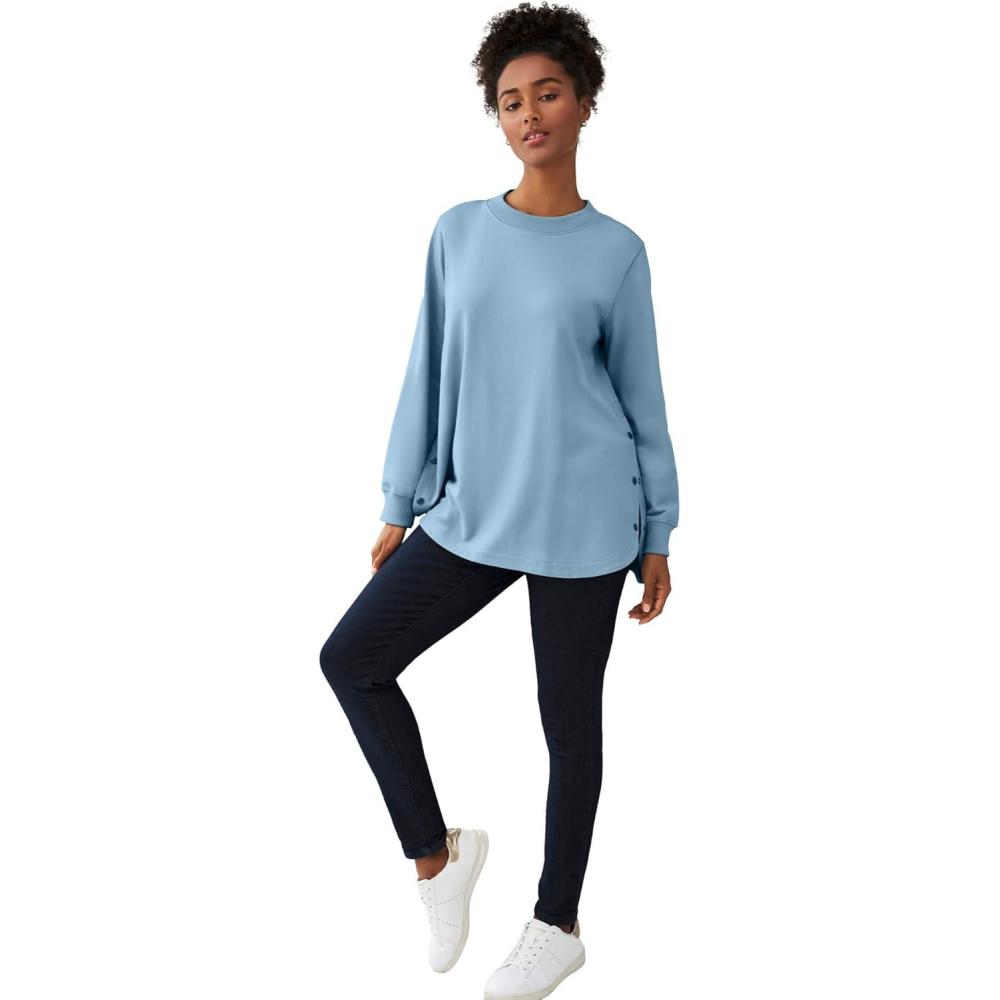 image:imageellos Plus Size Curved Hem Sweatshirt Tunic With Side SnapsBlue Lake