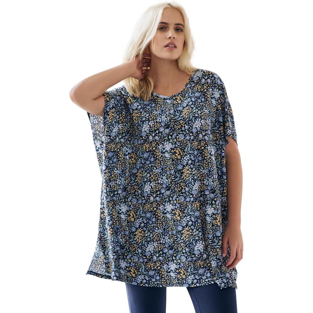 image:imageellos Plus Size Stretch Knit Scoop Neck Oversized TunicNavy Ditsy Floral