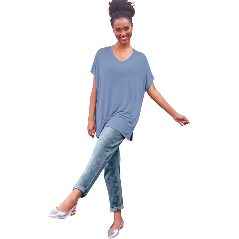 image:imageellos Plus Size Stretch Knit Scoop Neck Oversized TunicPale Indigo