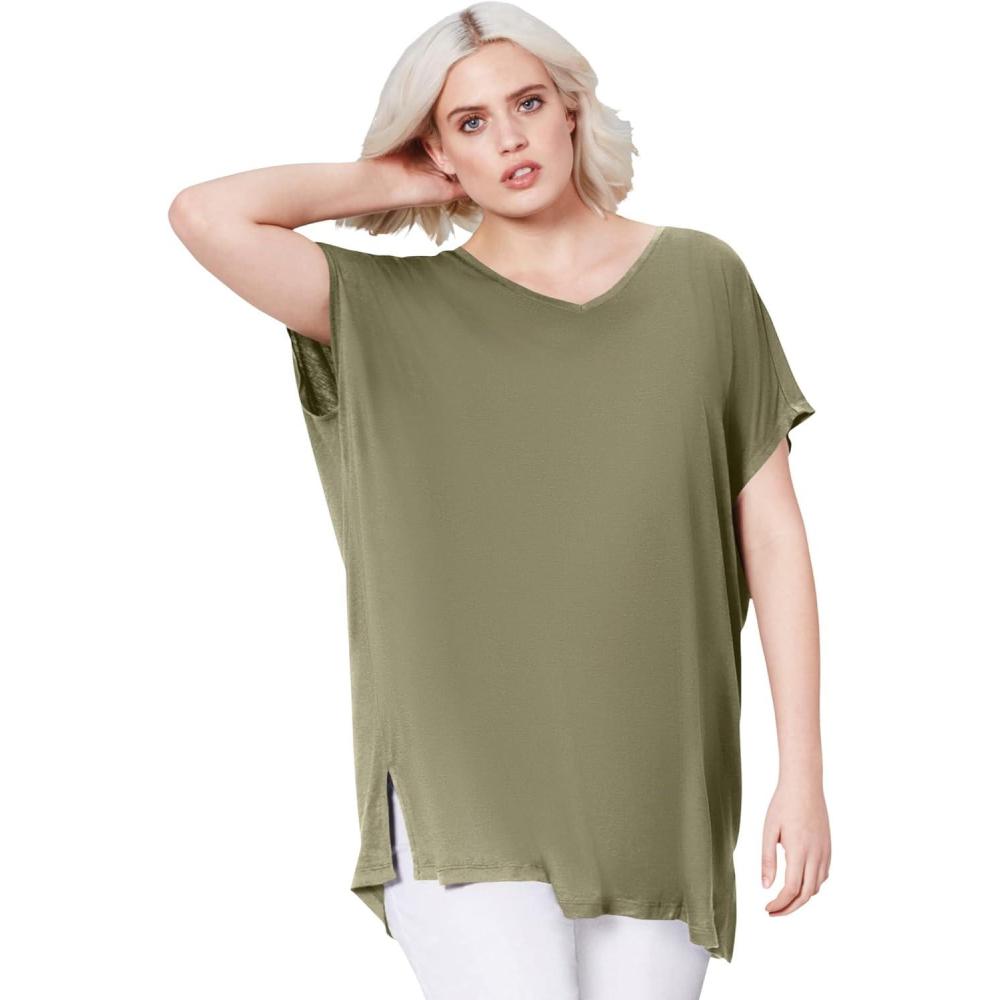 image:imageellos Plus Size Stretch Knit Scoop Neck Oversized TunicSweet Olive