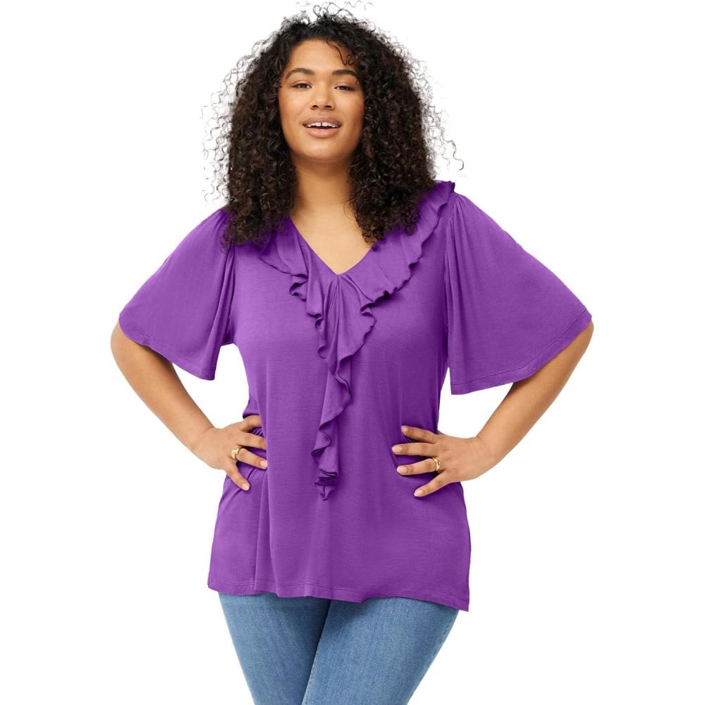 image:imageellos Plus Size Stretch Knit VNeck Ruffle Front TunicDeep Amethyst