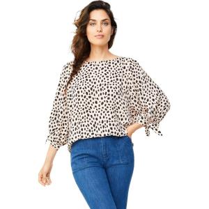 ellos Plus Size 3/4 Tie-Sleeve Blouse(Soft Beige Black Dot)