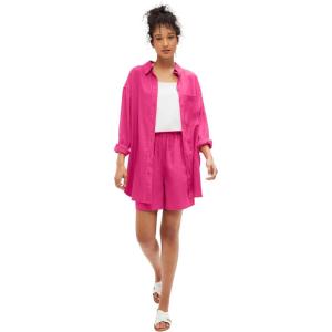ellos Plus Size Oversized Linen-Blend Boyfriend Shirt(Raspberry Sorbet)