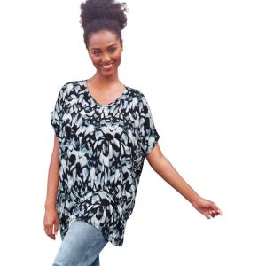 ellos Plus Size Stretch Knit Scoop Neck Oversized Tunic(Black Blue Lake Abstract)