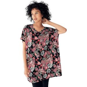 ellos Plus Size Stretch Knit Scoop Neck Oversized Tunic(Black Floral Print)
