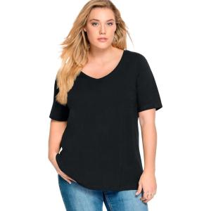 ellos Plus Size Stretch Knit V-Neck Short Sleeve Tunic(Black)