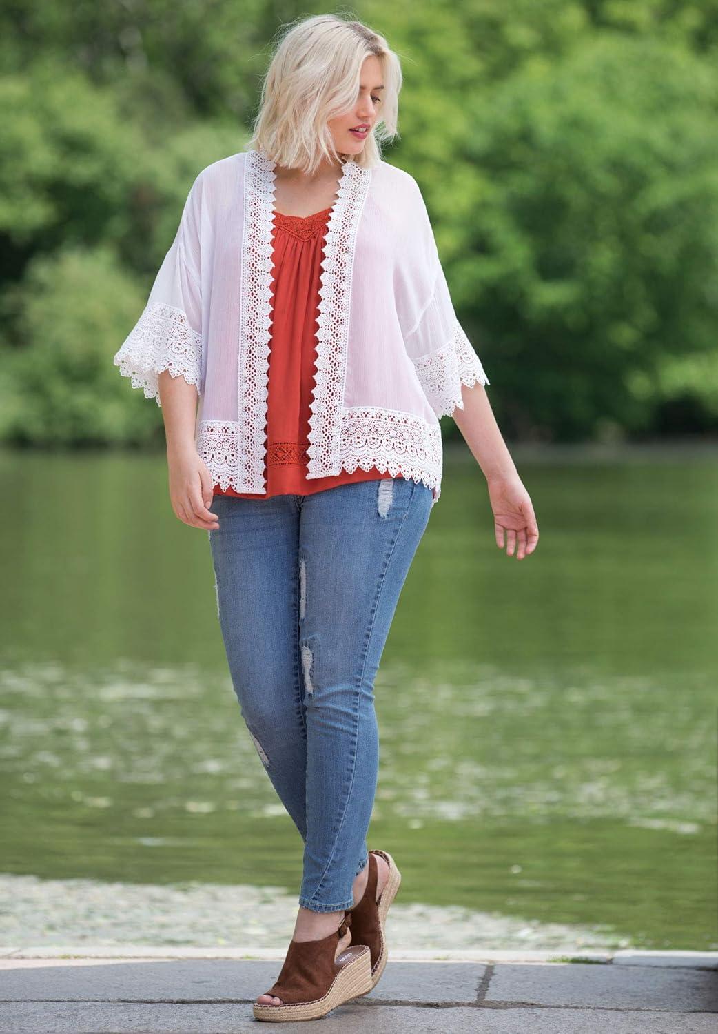 image:imageEllos Womens Plus Size Sheer Lace Trim wrap Cardigan OversizedWhite