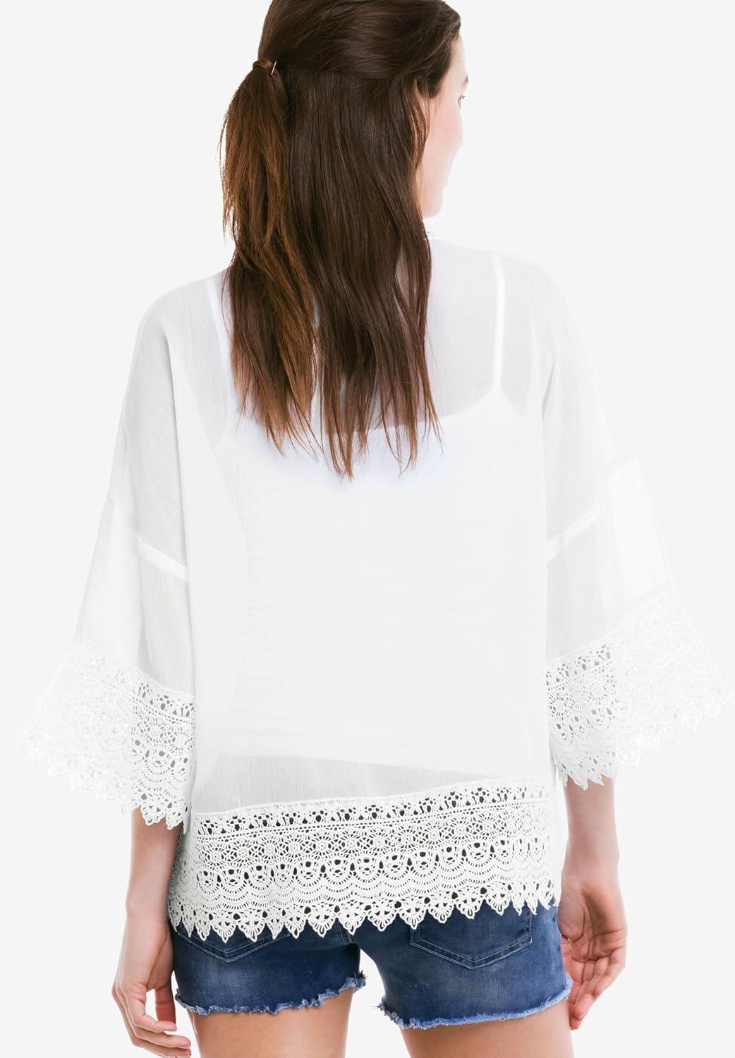 image:imageEllos Womens Plus Size Sheer Lace Trim wrap Cardigan OversizedWhite