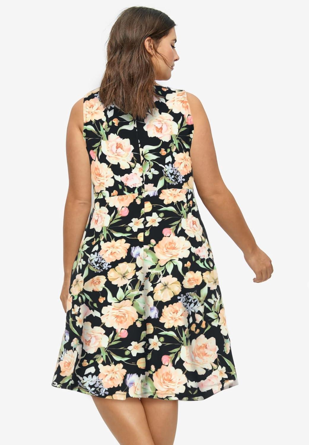 image:imageellos Plus Size Stretch Knit Scoop Neck Sleeveless Fit and Flare DressBlack Floral Bouquet