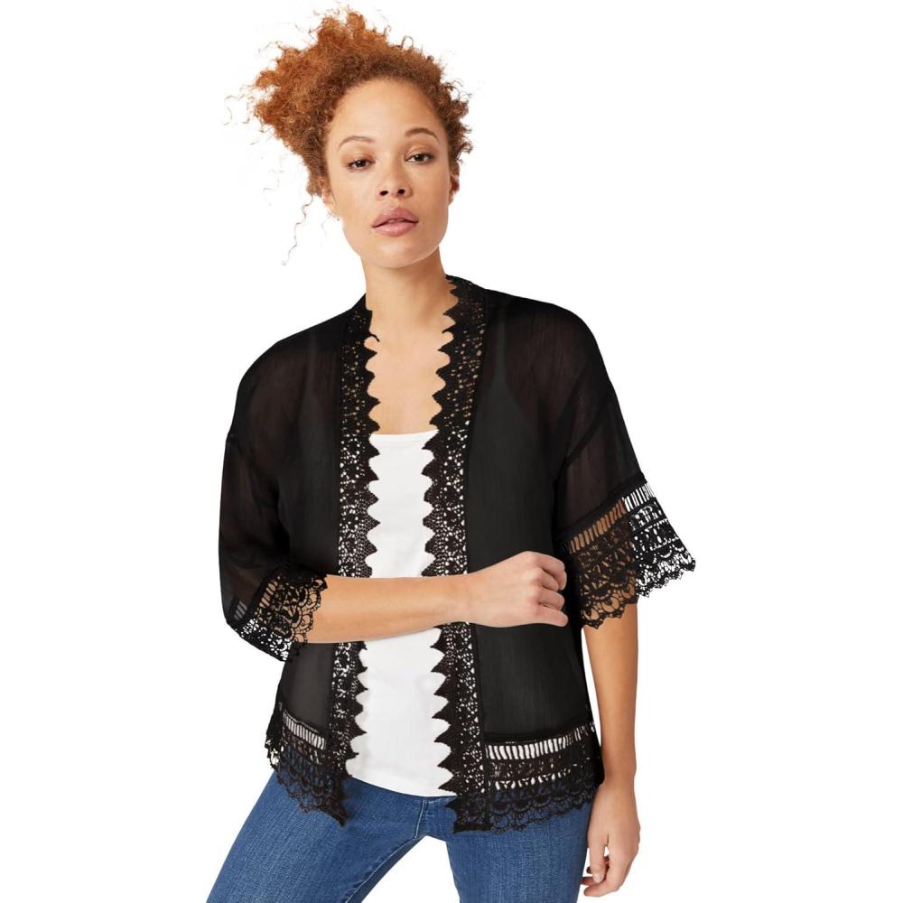 image:imageEllos Womens Plus Size Sheer Lace Trim wrap Cardigan OversizedBlack