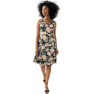 ellos Plus Size Stretch Knit Scoop Neck Sleeveless Fit and Flare Dress(Black Floral Bouquet)