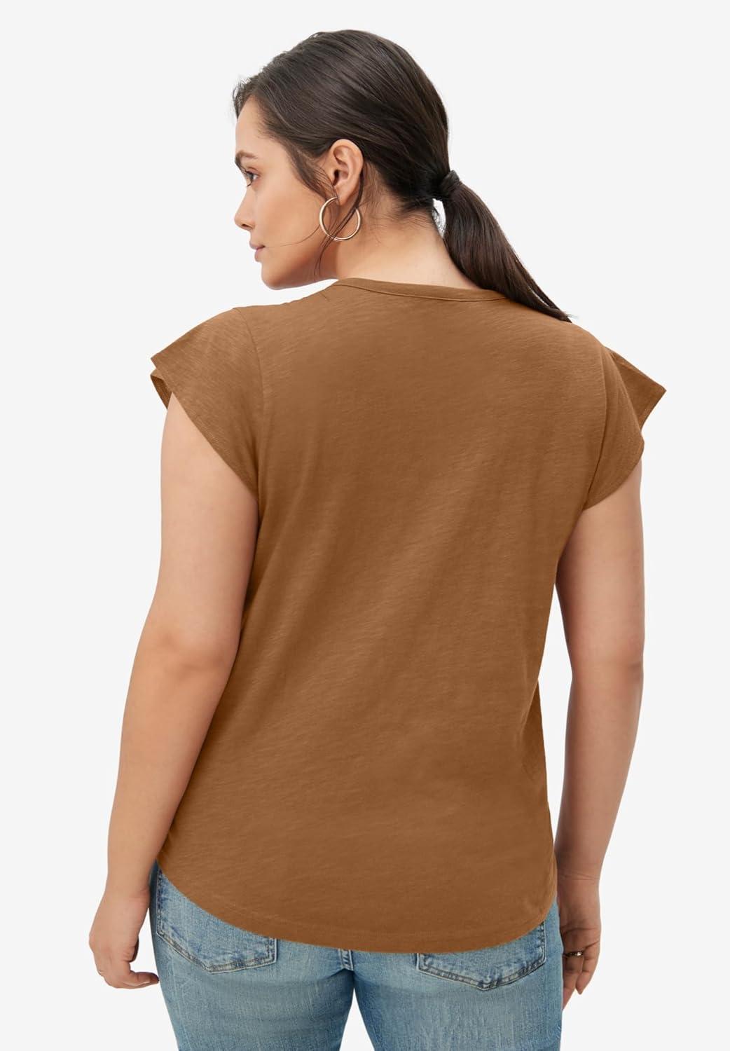 image:imageEllos Plus Size Cap Sleeve Henley TeeWalnut Brown