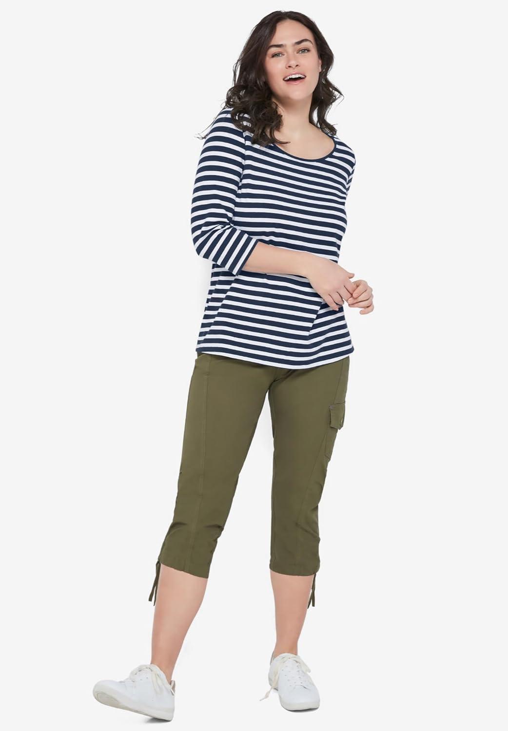 image:imageellos Plus Size Cotton Spandex Scoop Neck 34 Sleeve TeeBlack