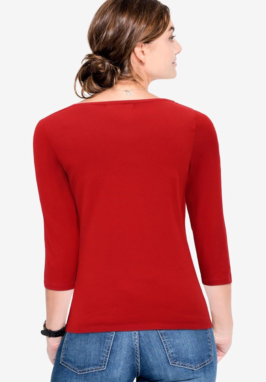 image:imageellos Plus Size Cotton Spandex Scoop Neck 34 Sleeve TeeChili Red