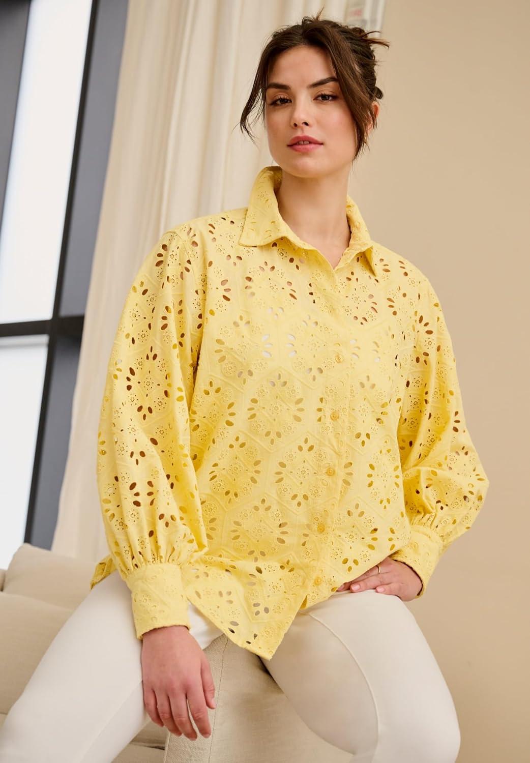 image:imageellos Plus Size Eyelet Button Front Shirt with Blouson SleevesButter