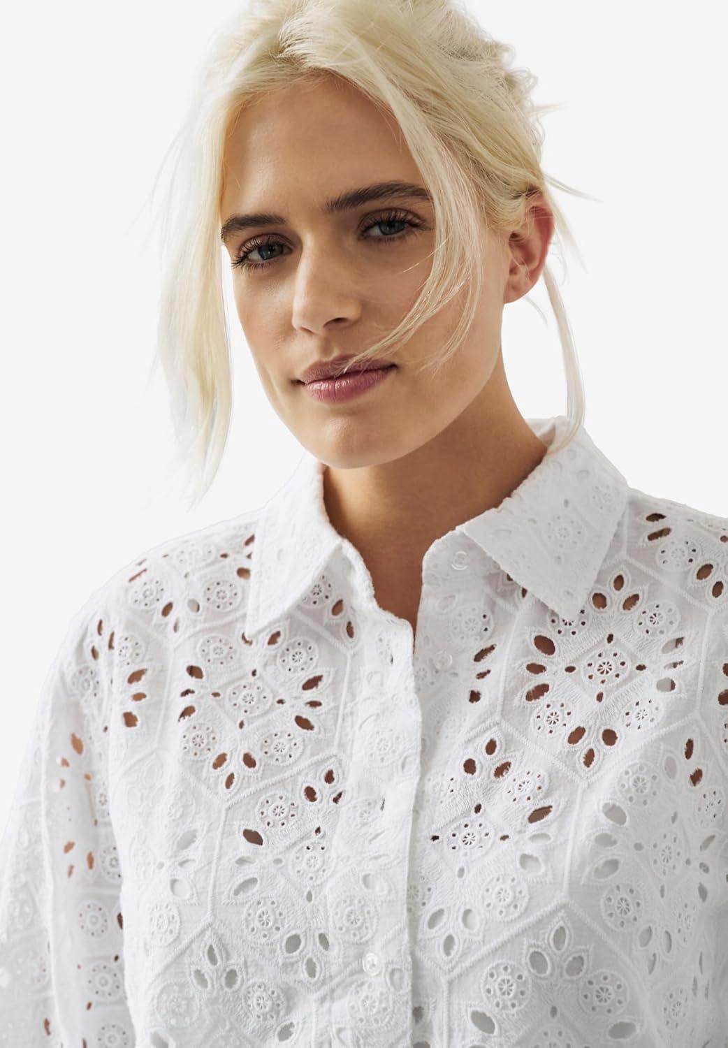 image:imageellos Plus Size Eyelet Button Front Shirt with Blouson SleevesNavy