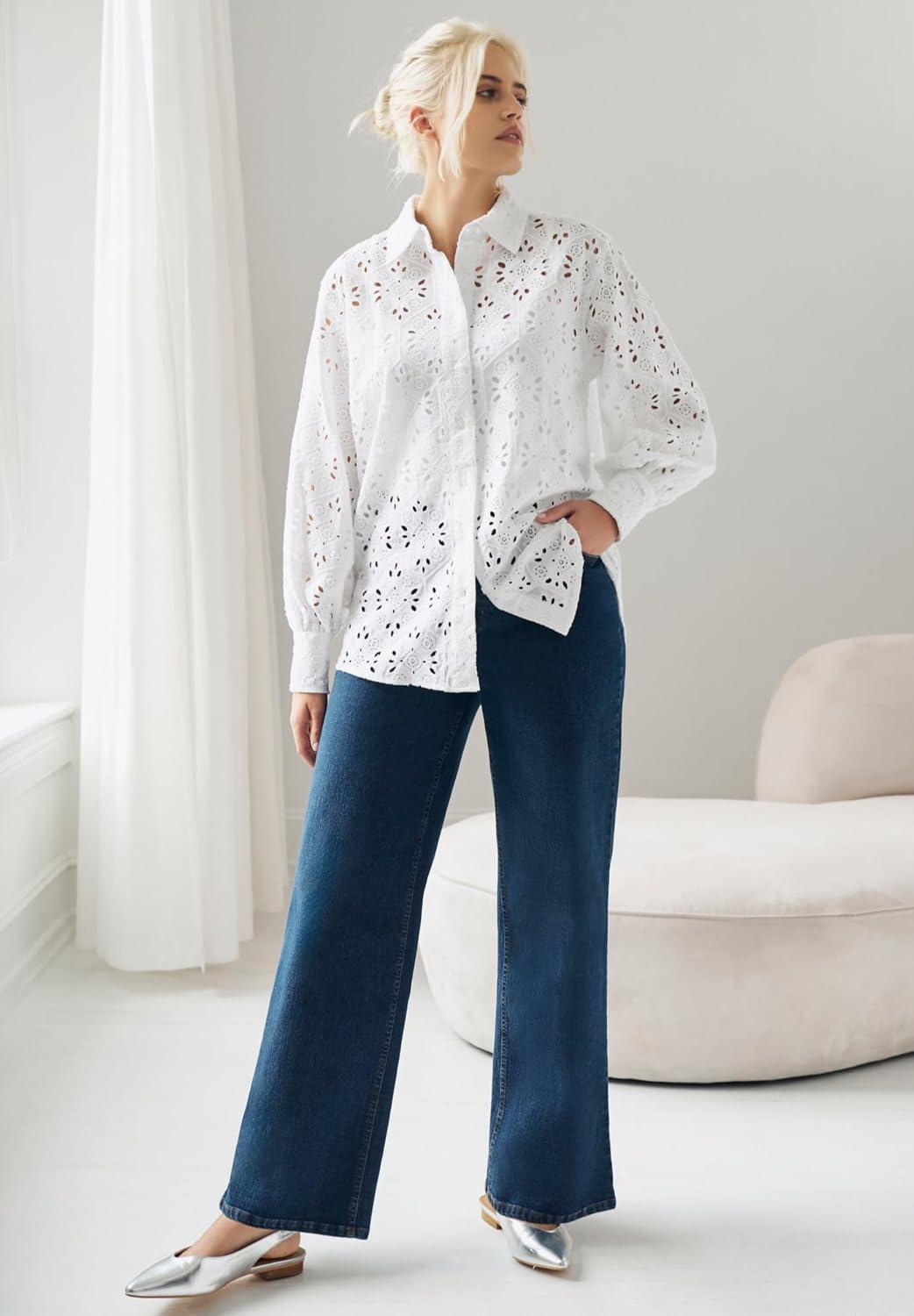 image:imageellos Plus Size Eyelet Button Front Shirt with Blouson SleevesWhite