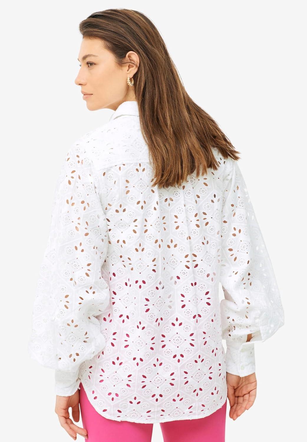 image:imageellos Plus Size Eyelet Button Front Shirt with Blouson SleevesWhite