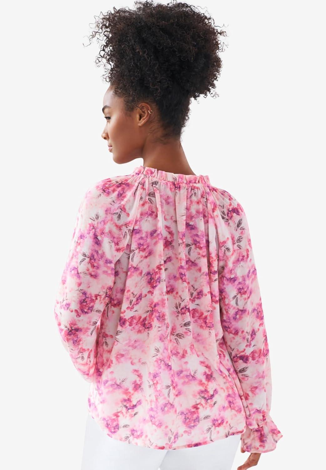 image:imageellos Plus Size Keyhole Ruffle Trim BlousePale Blush Floral
