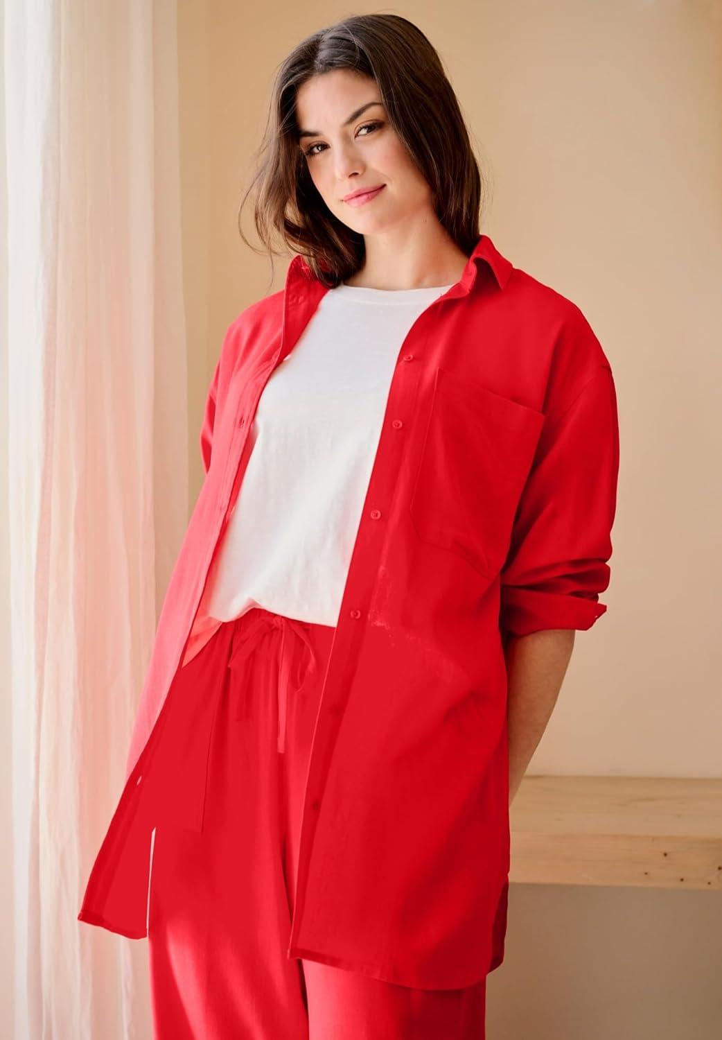 image:imageellos Plus Size Oversized LinenBlend Boyfriend ShirtHot Red