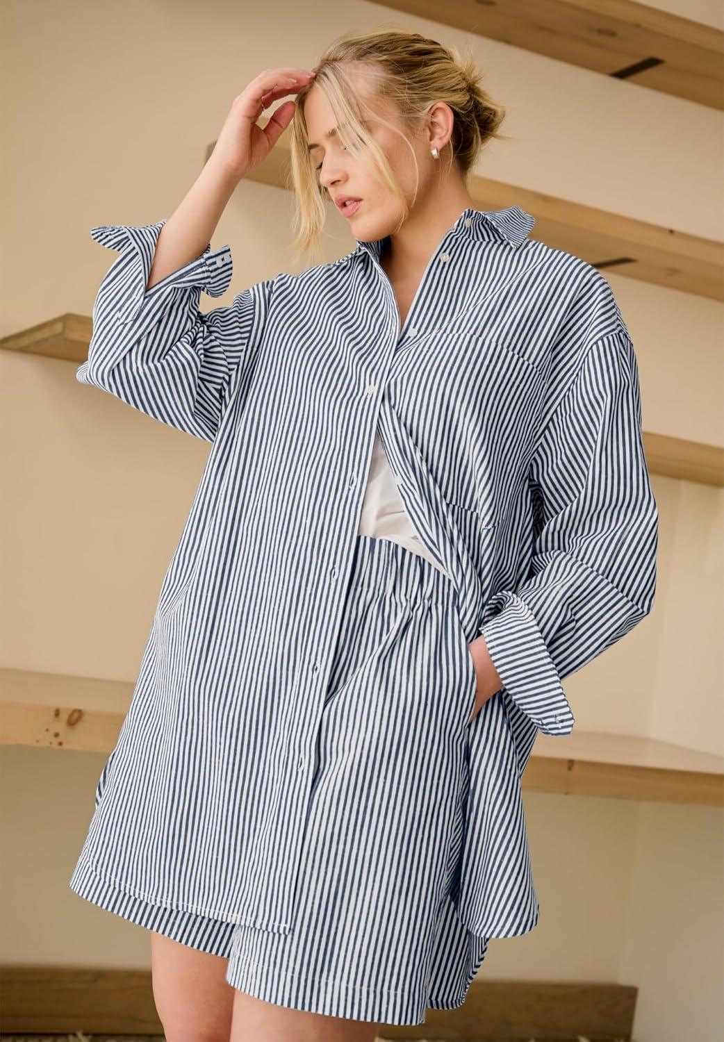 image:imageellos Plus Size Oversized LinenBlend Boyfriend ShirtNavy White Stripe